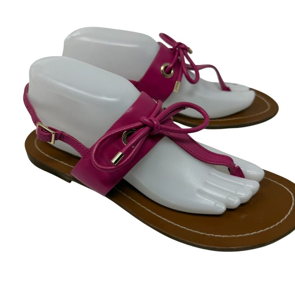 Kate Spade Womens Pink T-Strap Leather Sandals Bow Accent Gold Hardware Size 9